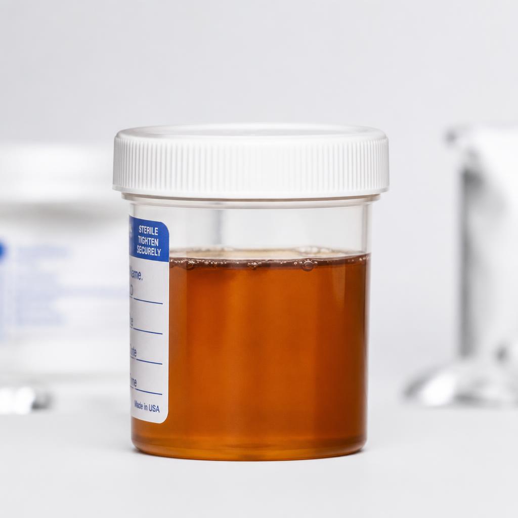 Photograph representing dark urine, pale stools