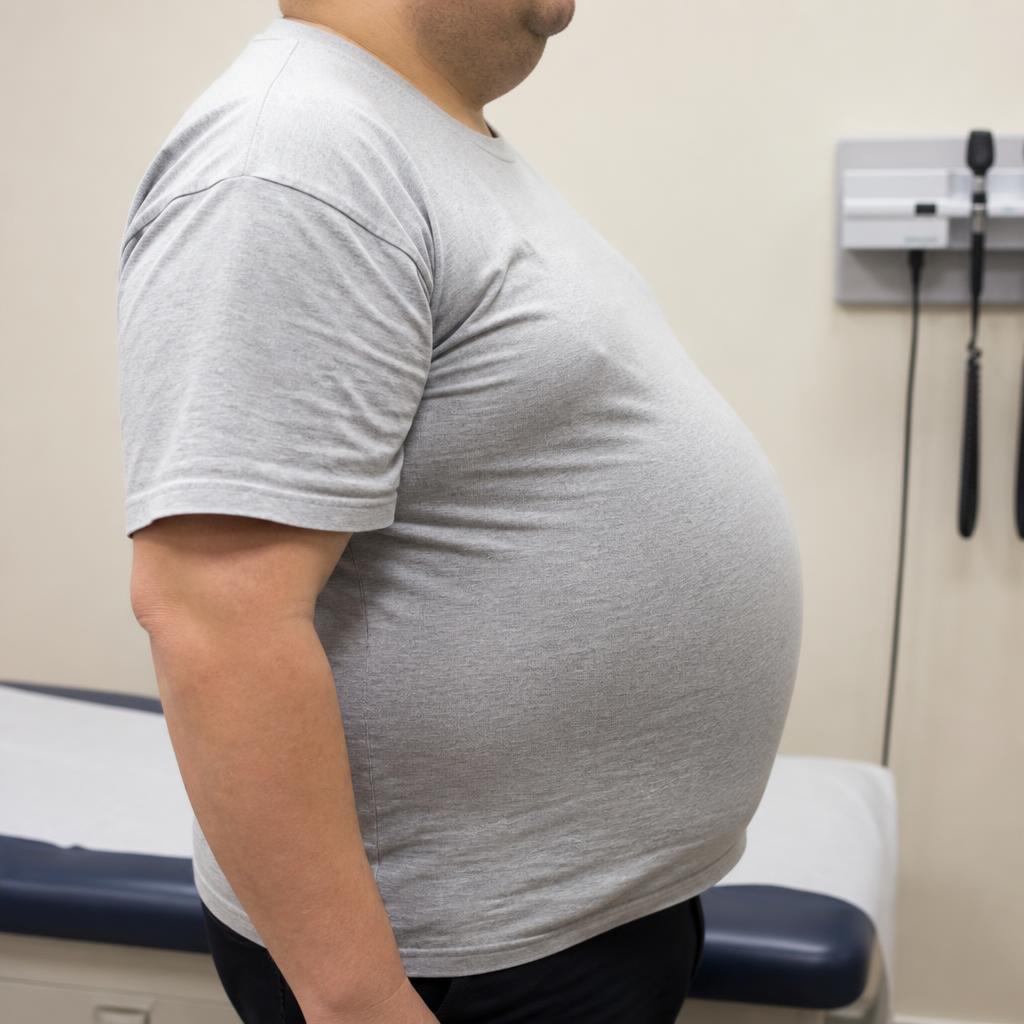 Photograph representing swollen belly (ascites)
